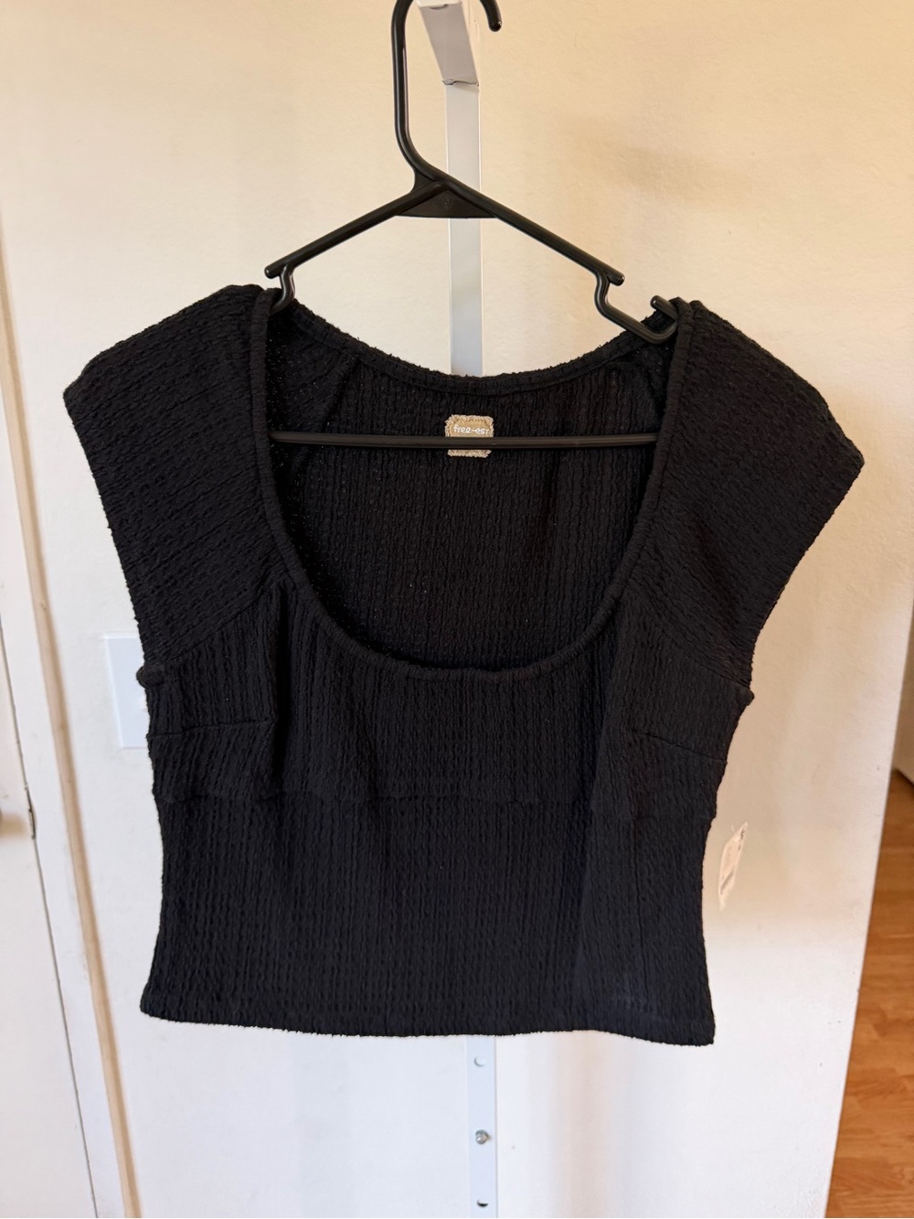 Free People Black Textured Scoop Crop Tee